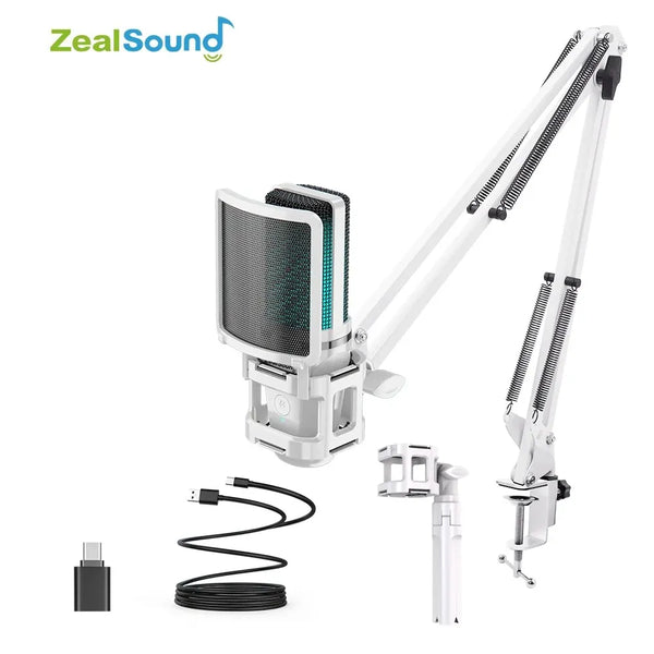 Zealsound RGB USB Gaming Microphone With Articulated Arm,White